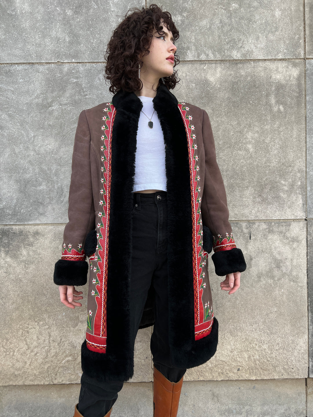 60s Mocha Brown Suede Shearling Penny Lane Style Coat, Leather and Embroidered Detail