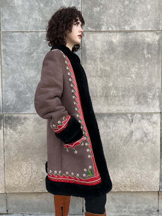 60s Mocha Brown Suede Shearling Penny Lane Style Coat, Leather and Embroidered Detail