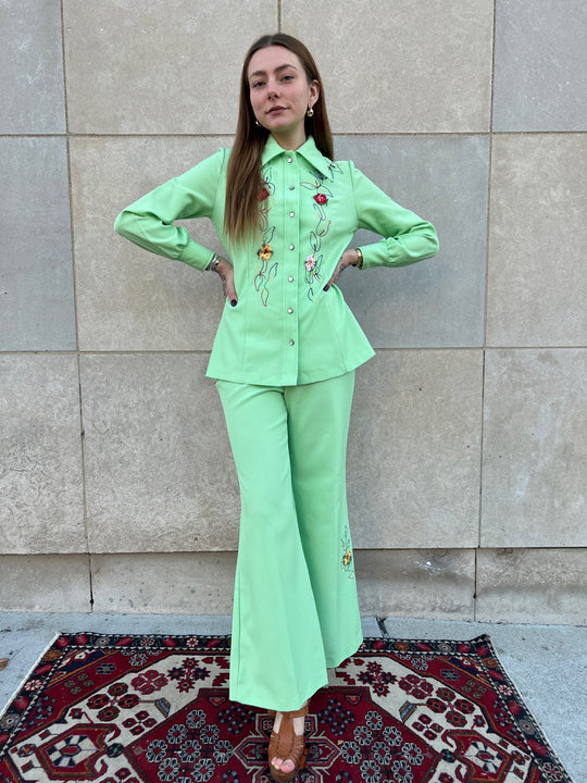 70s Green Polyester Western Pant Suit, Embroidered