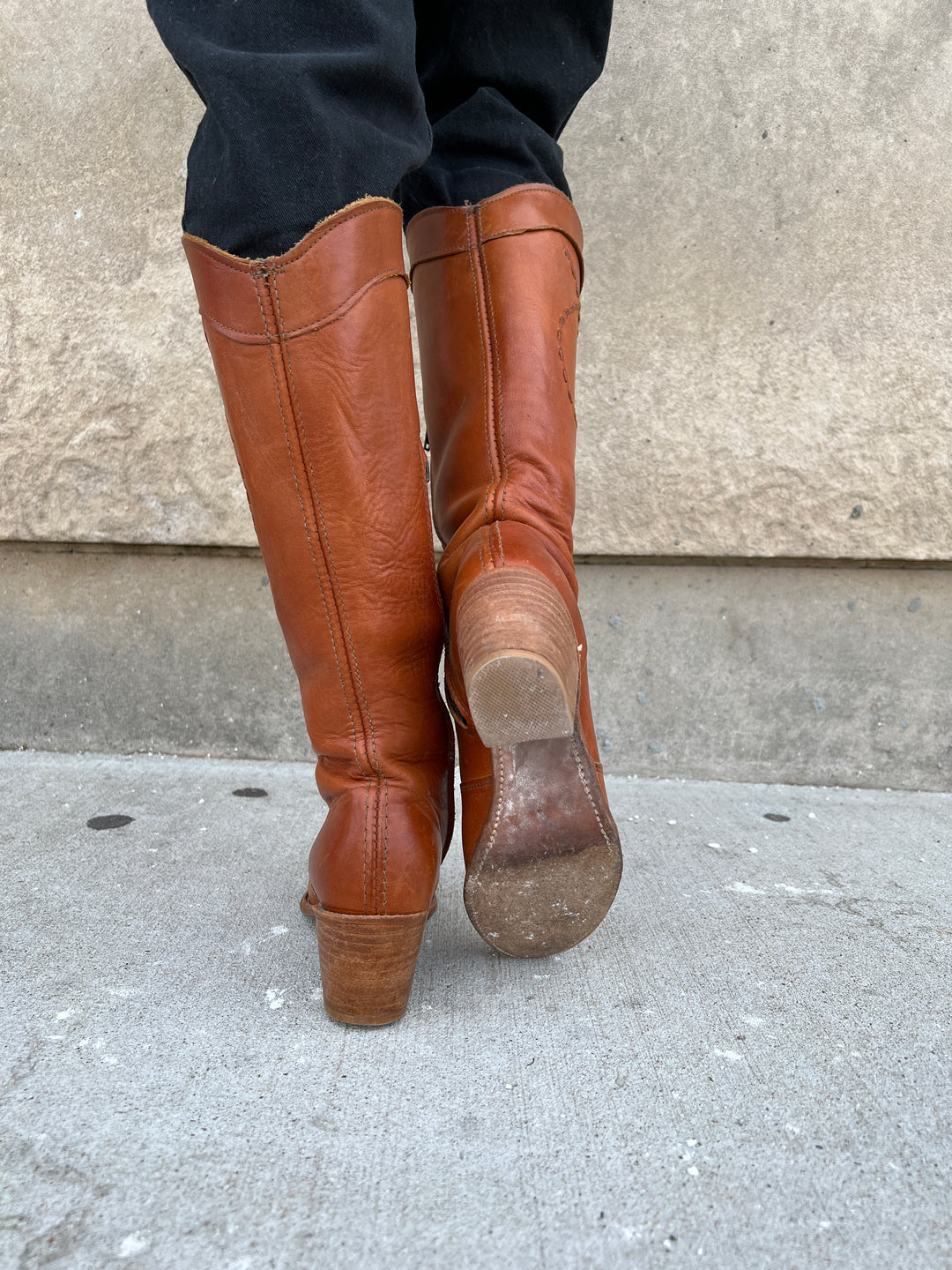 70s Brown Leather Knee-High, Heeled Western Boot