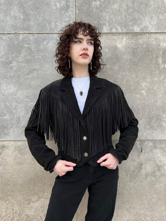80s Black Suede Cropped Western Jacket with Fringe, Pioneer Wear