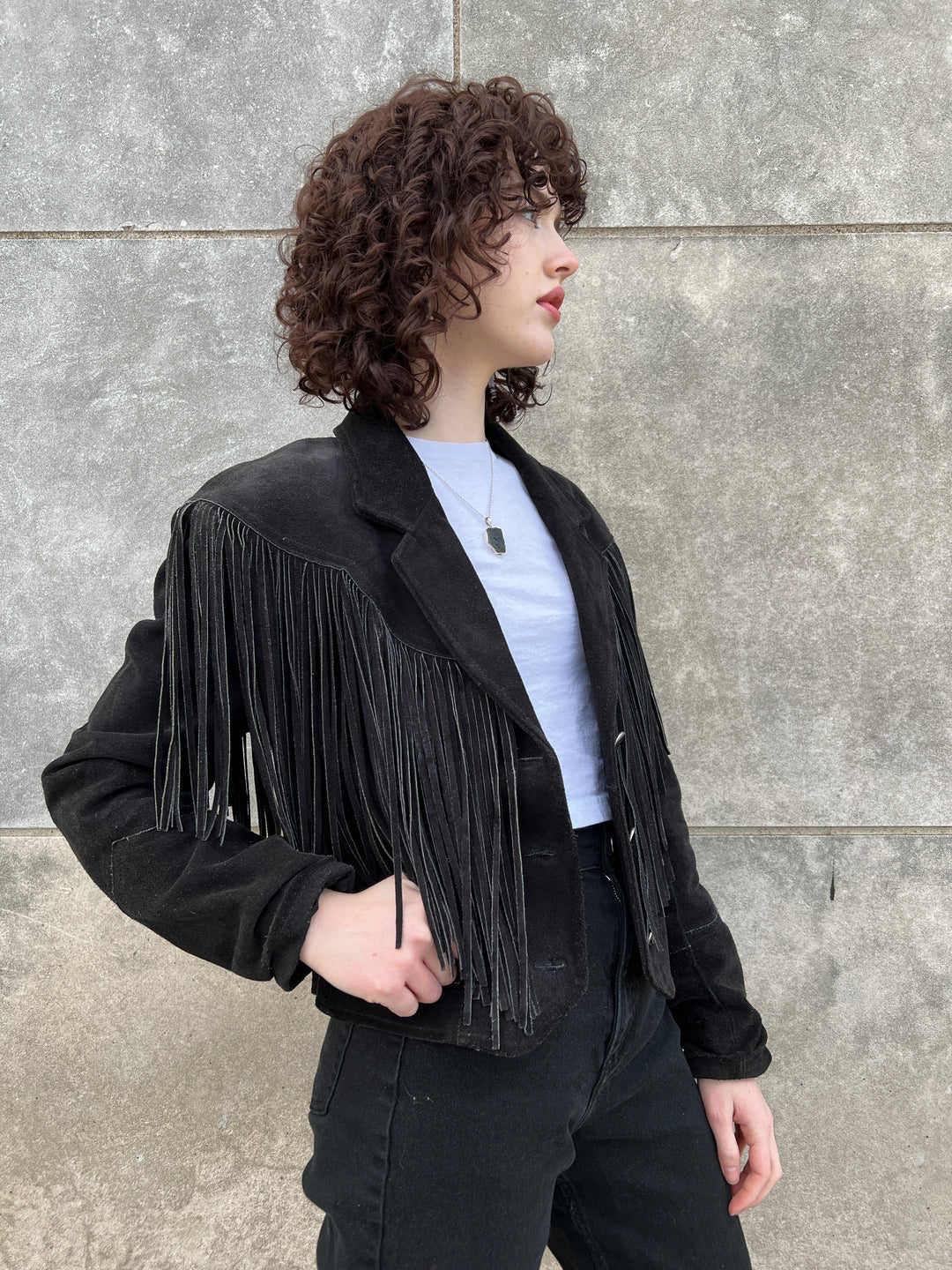 80s Black Suede Cropped Western Jacket with Fringe, Pioneer Wear