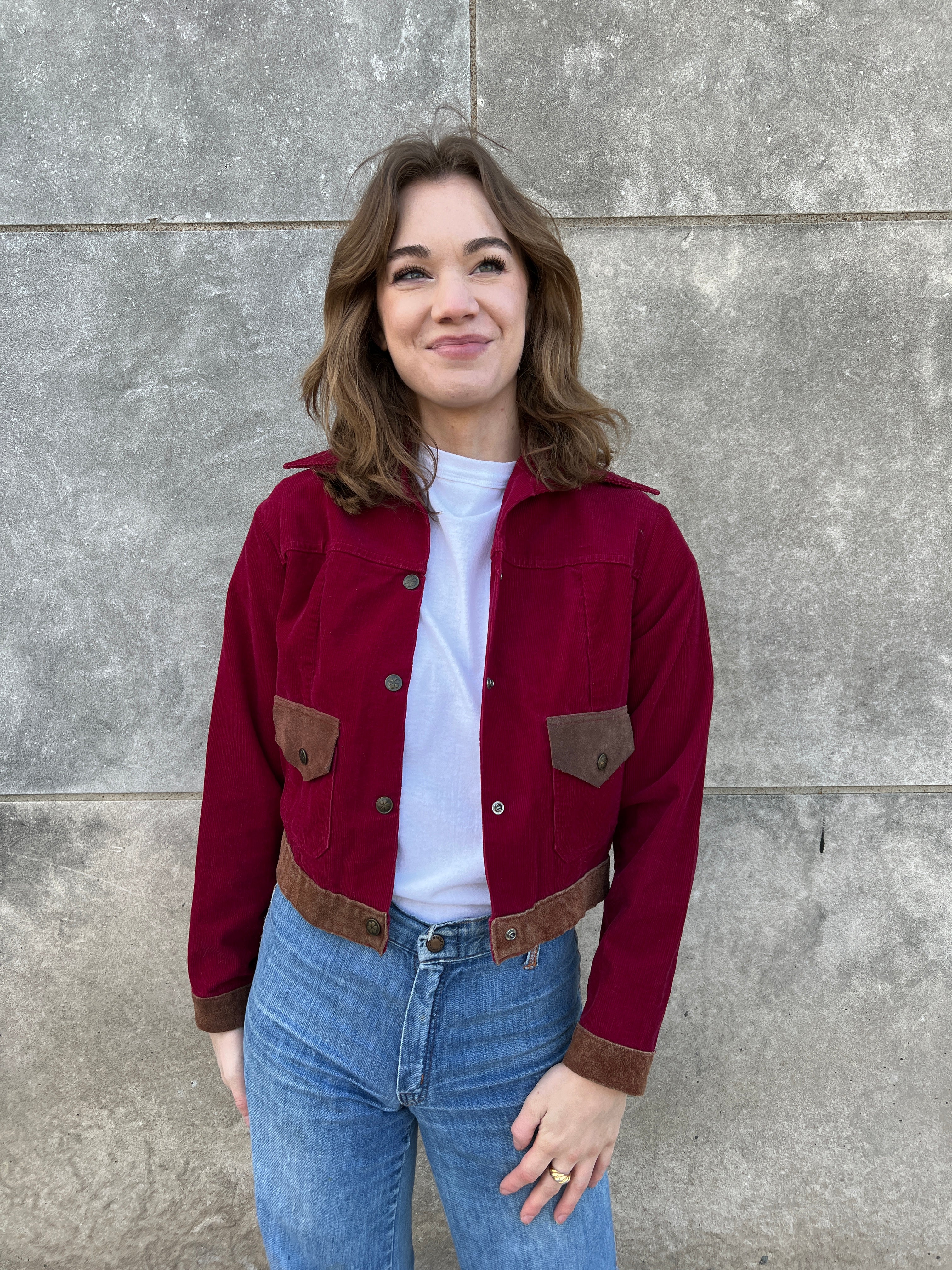 70s Burgundy Corduroy Cropped Jacket, Lady Wrangler