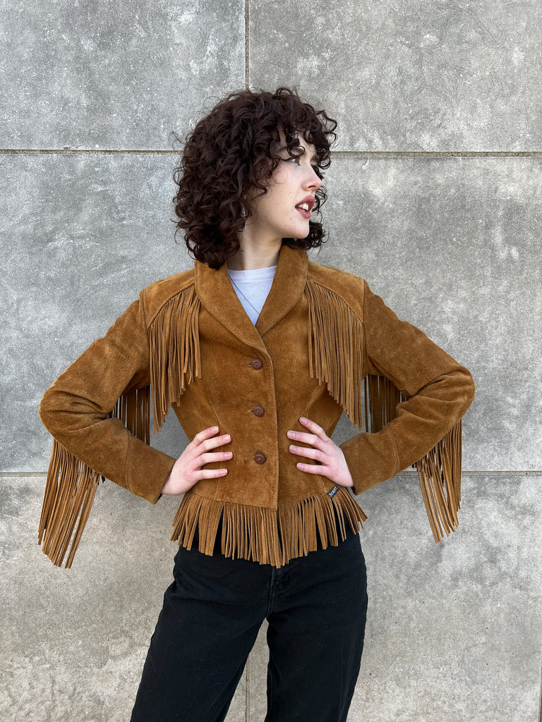 Western vintage brown jacket microsuede with 2024 real suede fringe sz 14