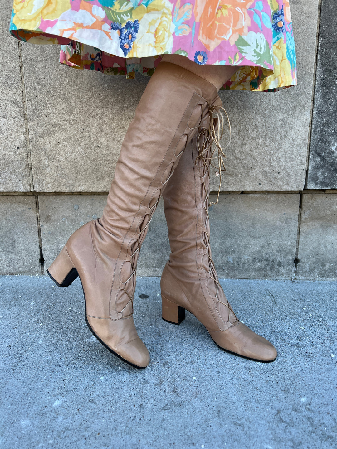 70s Tan Italian Leather Knee High Lace Up Boots, Rossi