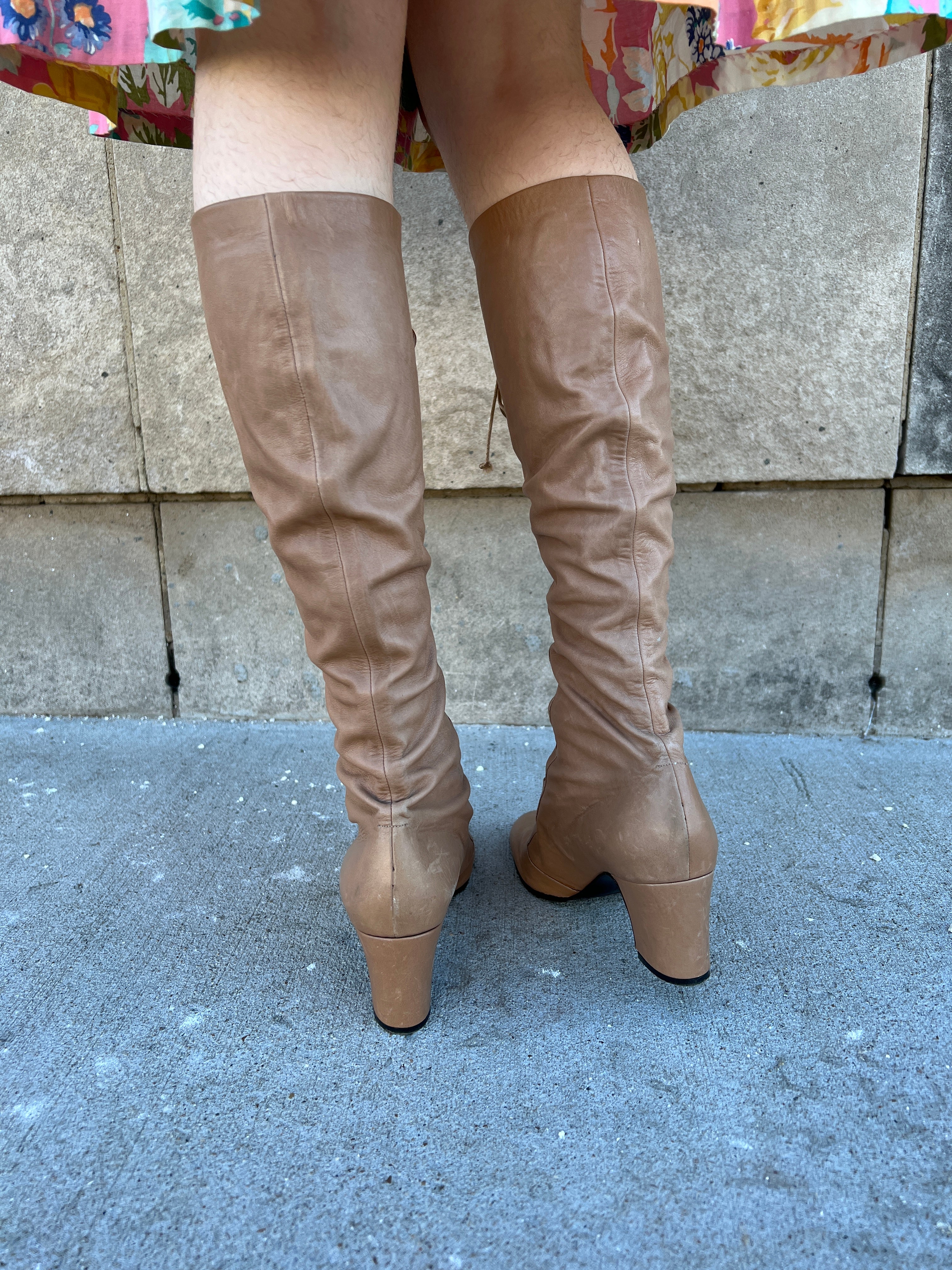 Tan leather best sale thigh high boots