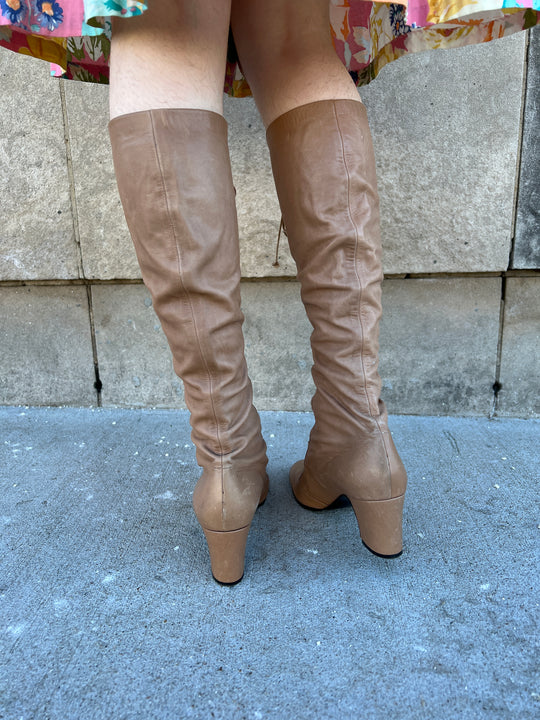 70s Tan Italian Leather Knee High Lace Up Boots, Rossi