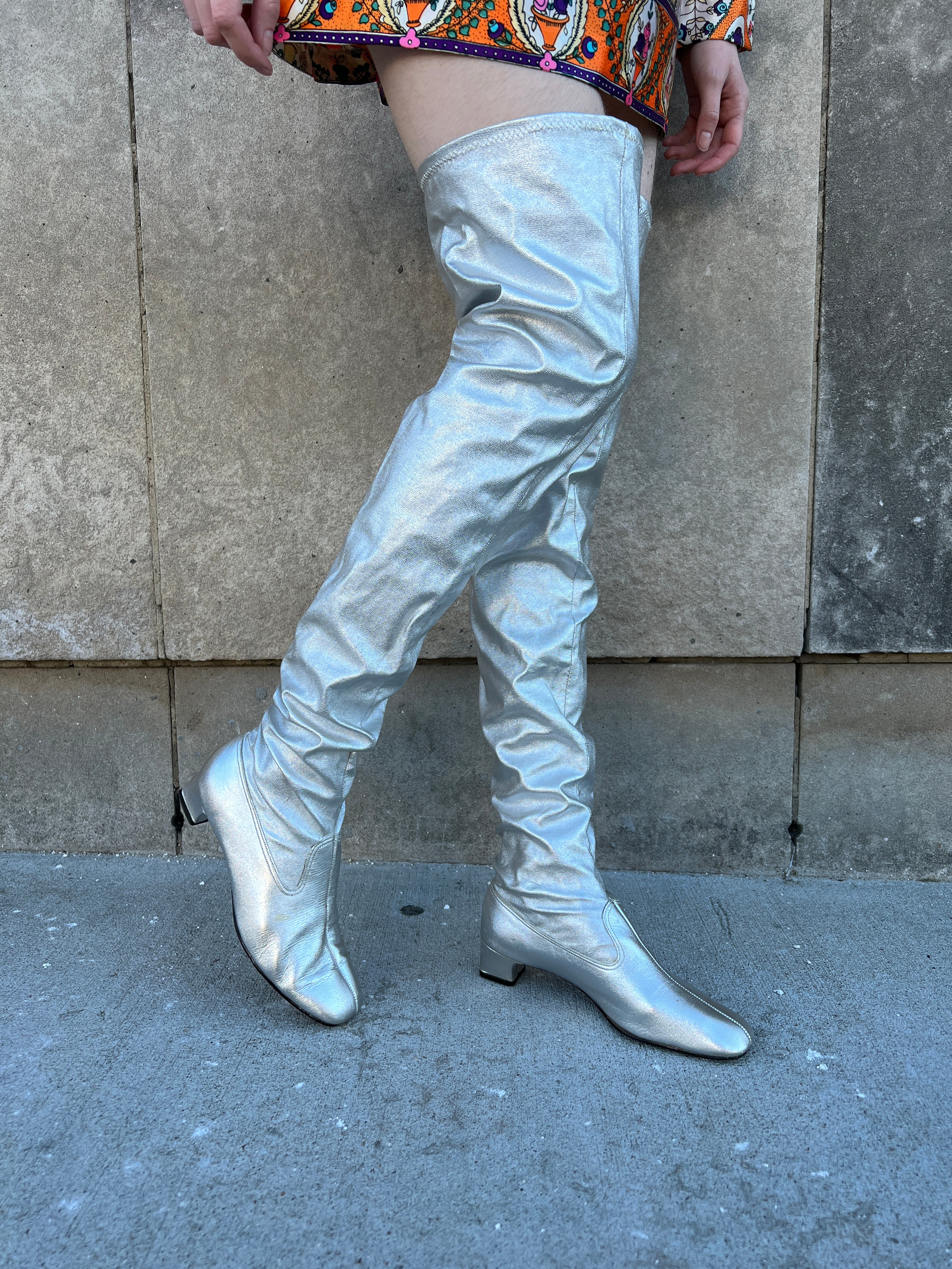 60s Silver Lurex Thigh High Boots Lalla