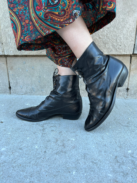 80s Black Leather Lace-Up Ankle Boot, Clarus