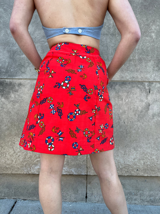 70s Red Nautical Print Mini Skirt / Skort, Century of Boston