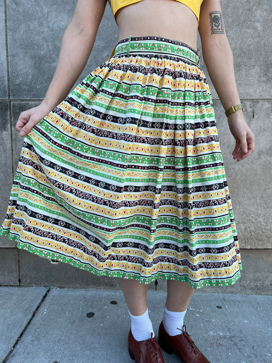 50s Yellow Green Striped Cotton Dirndl Skirt