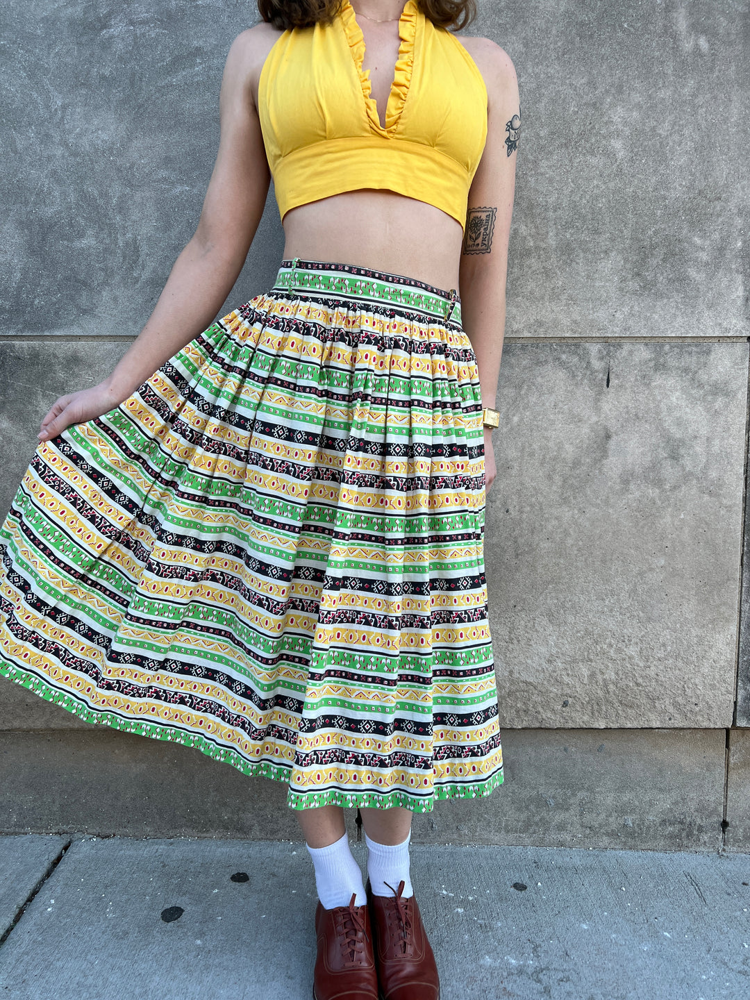 50s Yellow Green Striped Cotton Dirndl Skirt