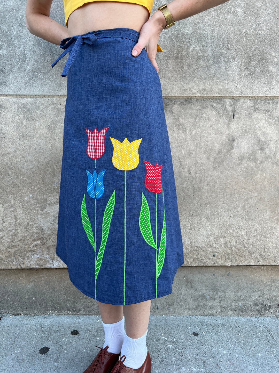 70s Blue Chambray Wrap Skirt, 4 Tulip Appliqué