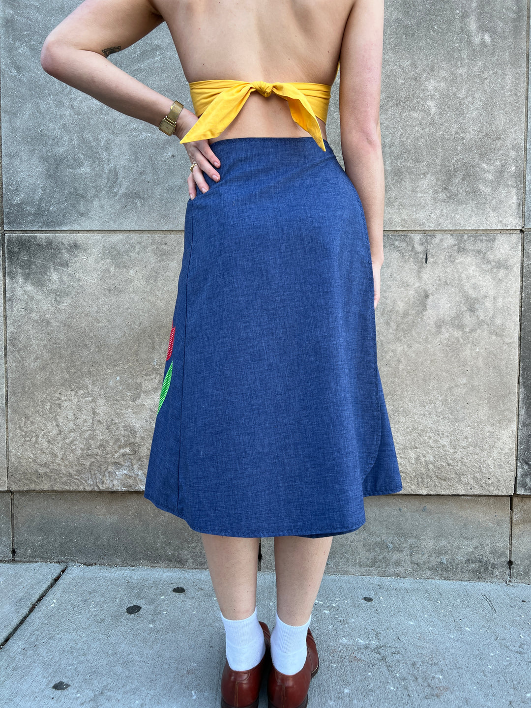 70s Blue Chambray Wrap Skirt, 4 Tulip Appliqué