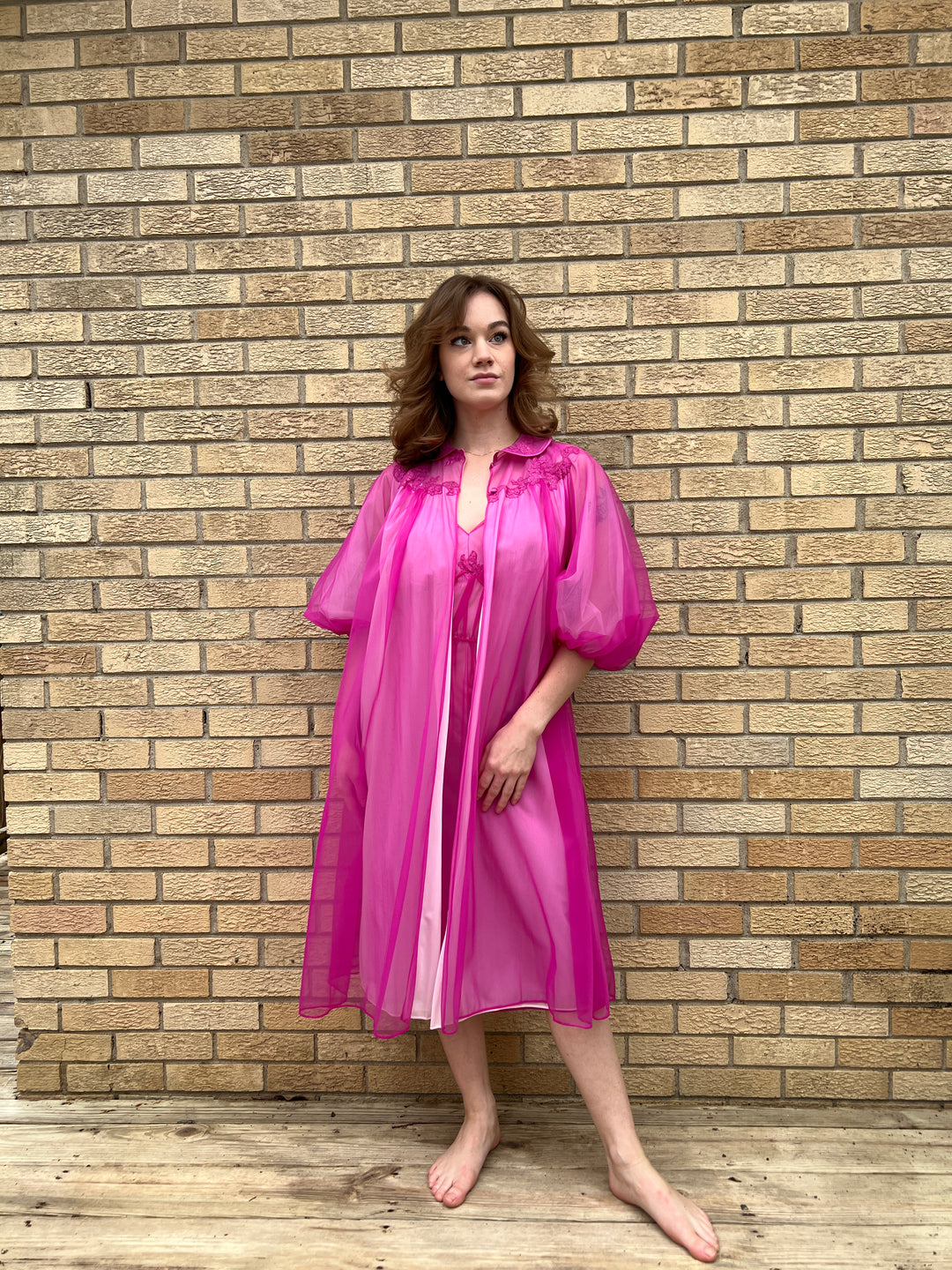 60s Fuchsia Pink Nylon Peignoir Robe Set, Artemis