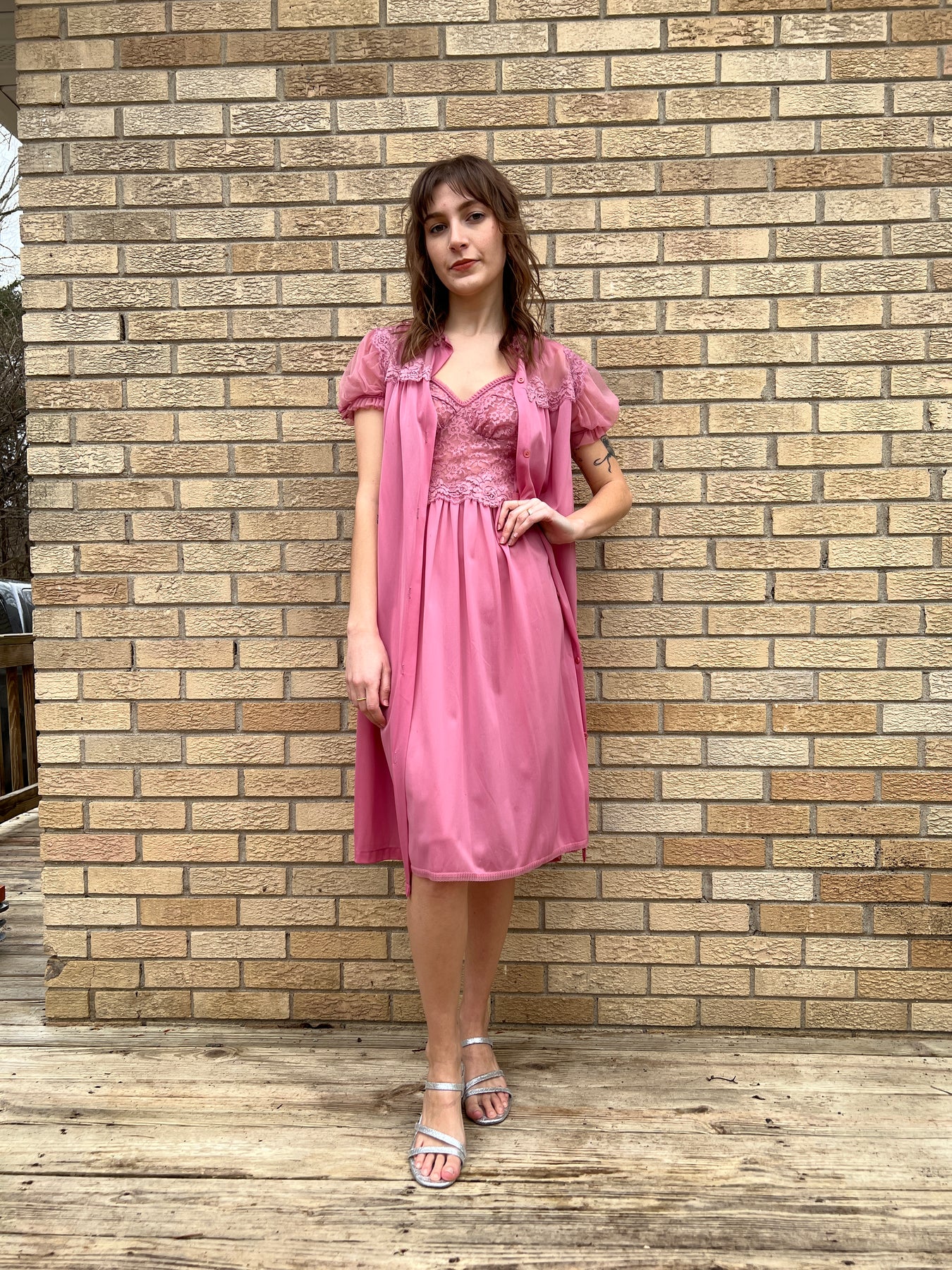 pink nylon dress 70s Hot Pink Nylon Peignoir Robe Set, Olga