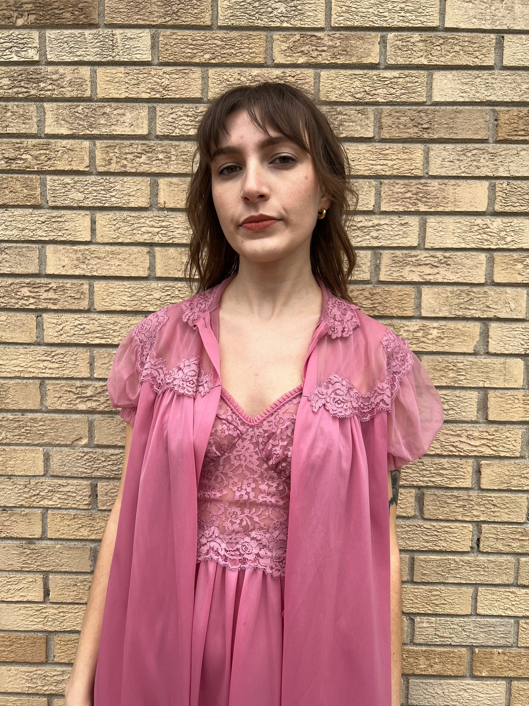 60s Pink Nylon Peignoir Robe Set, Adonna by Penneys