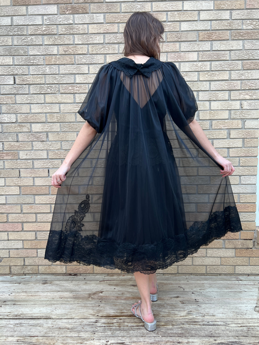 50s/60s Black Nylon Peignoir Robe Set, Shadowline