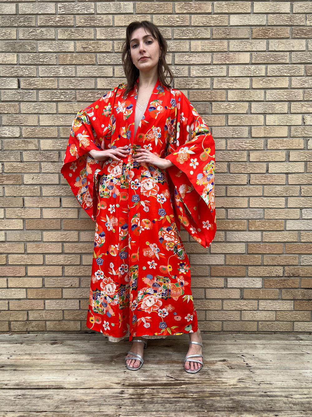 Orange Floral Silk Asian Robe