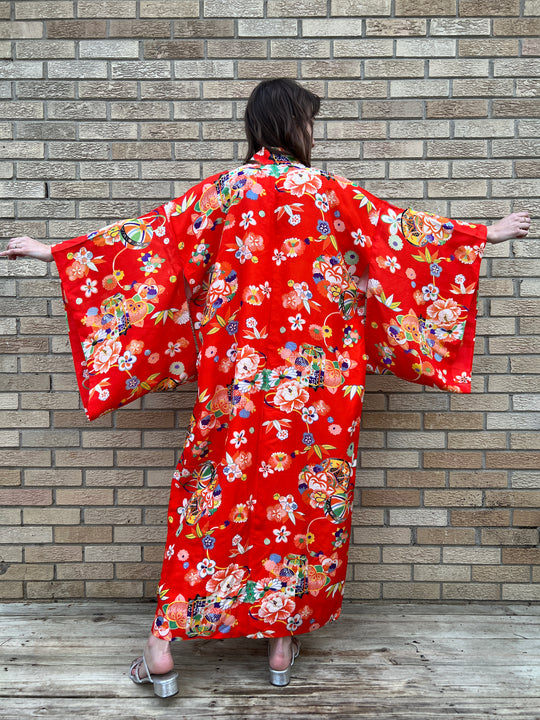 Orange Floral Silk Asian Robe