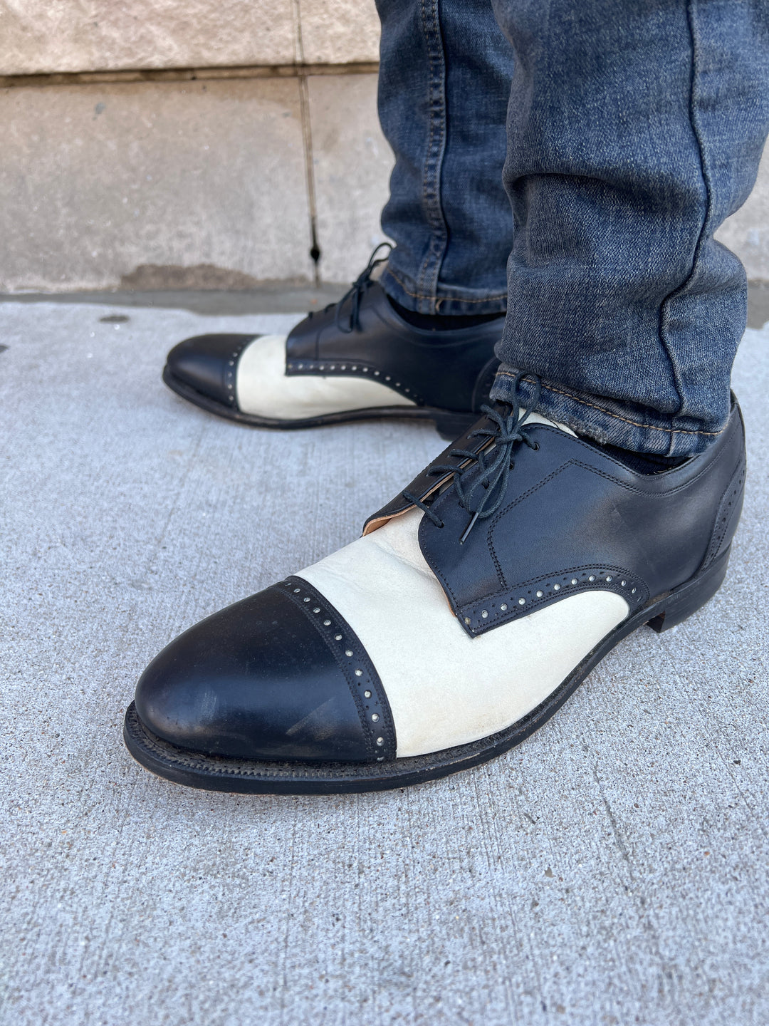Mens 50s Vintage Black White Wingtip Dress Shoes, Johnston & Murphy
