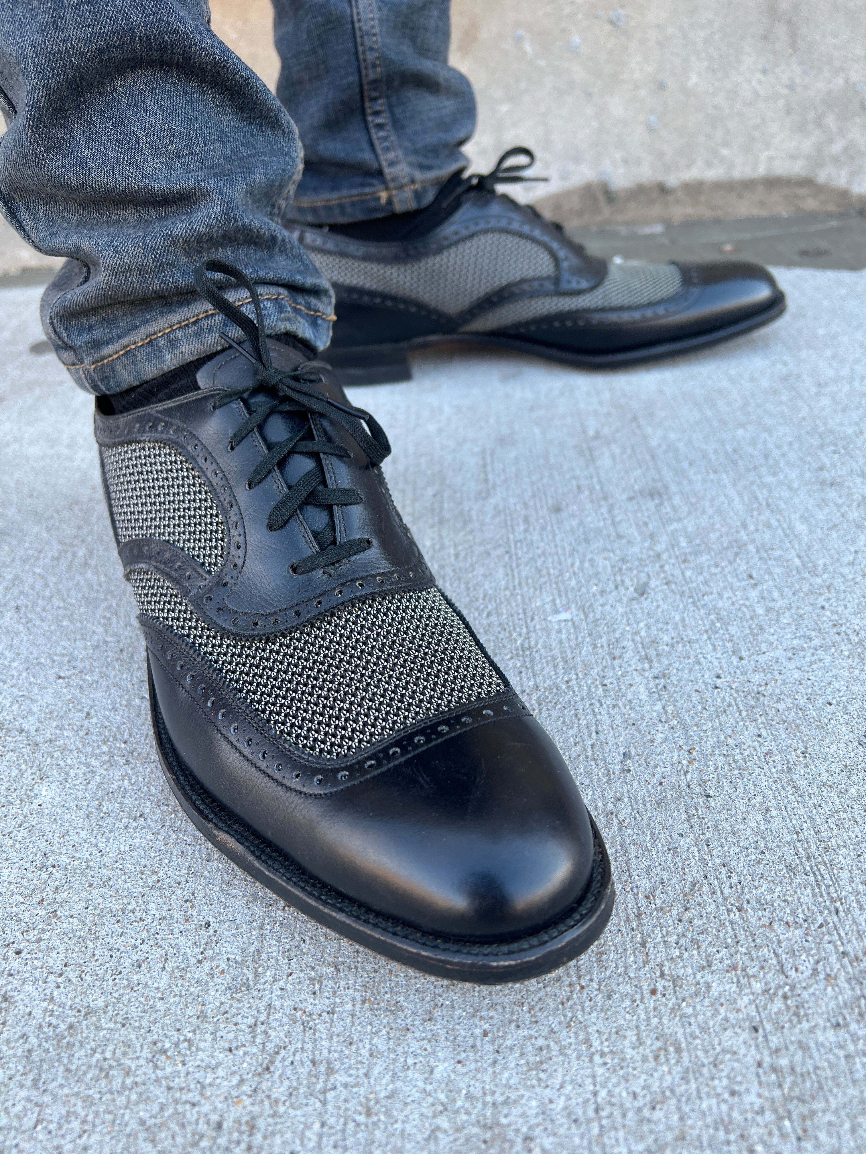 Mens 50s Vintage Black Mesh Wingtip Dress Shoes, Freeman NOS