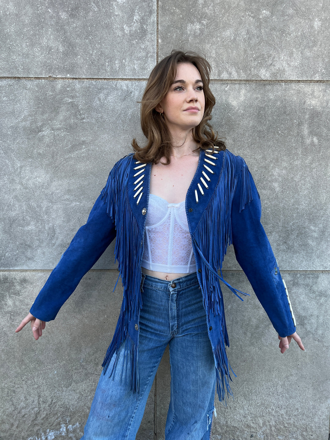 80s/90s Blue Suede Jacket with Fringe, Renegade Ren Ellis