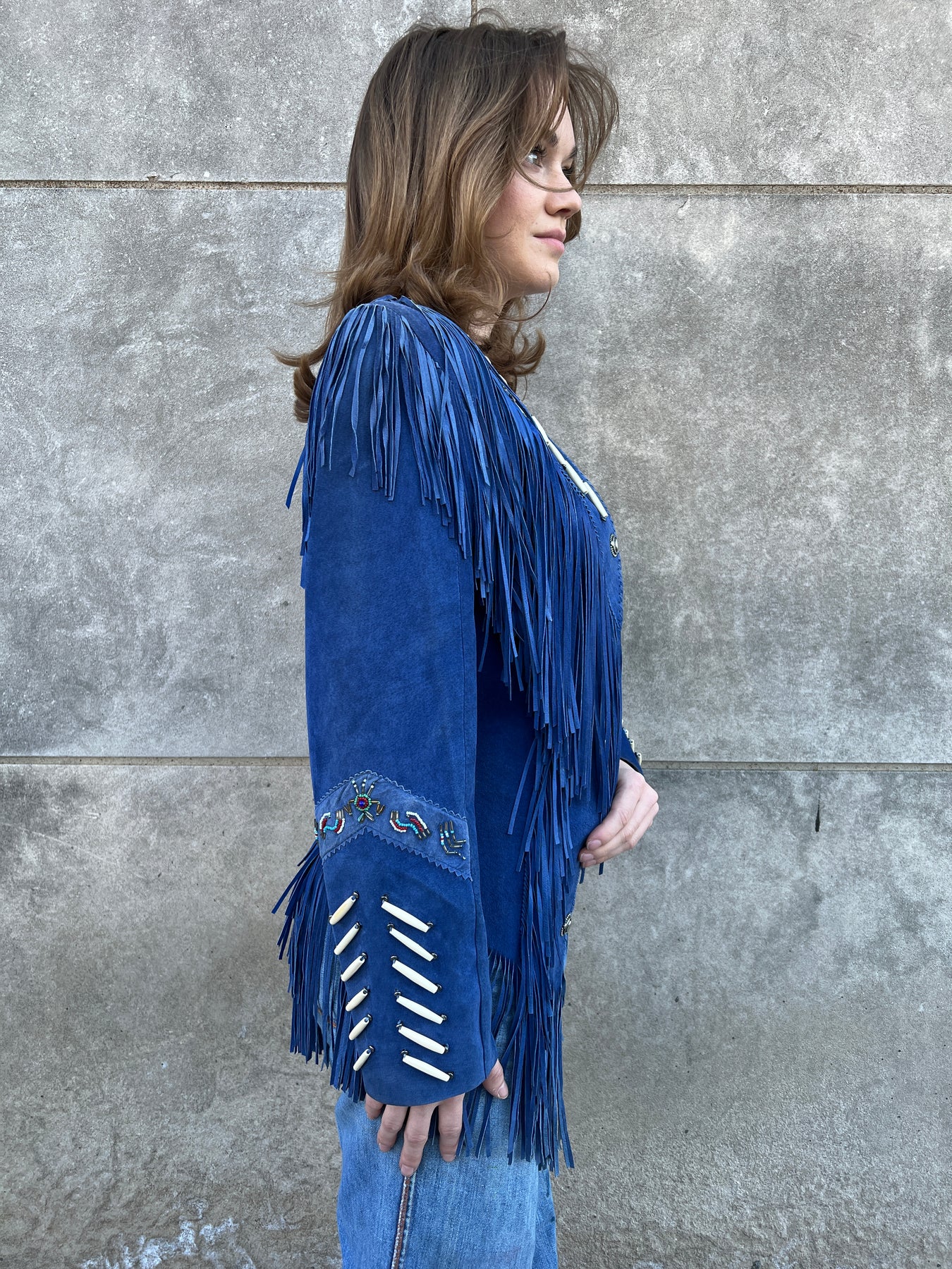 80s/90s Blue Suede Jacket with Fringe, Renegade Ren Ellis