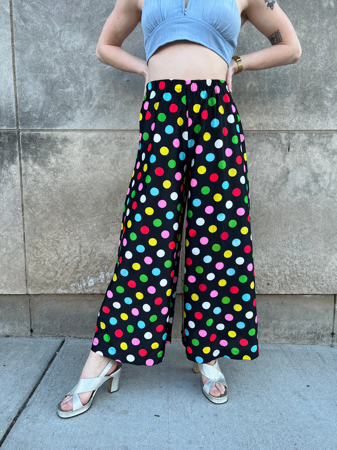 70s Black Nylon Wide Leg Pants With Polka Dots