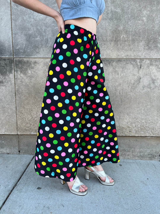 70s Black Nylon Wide Leg Pants With Polka Dots