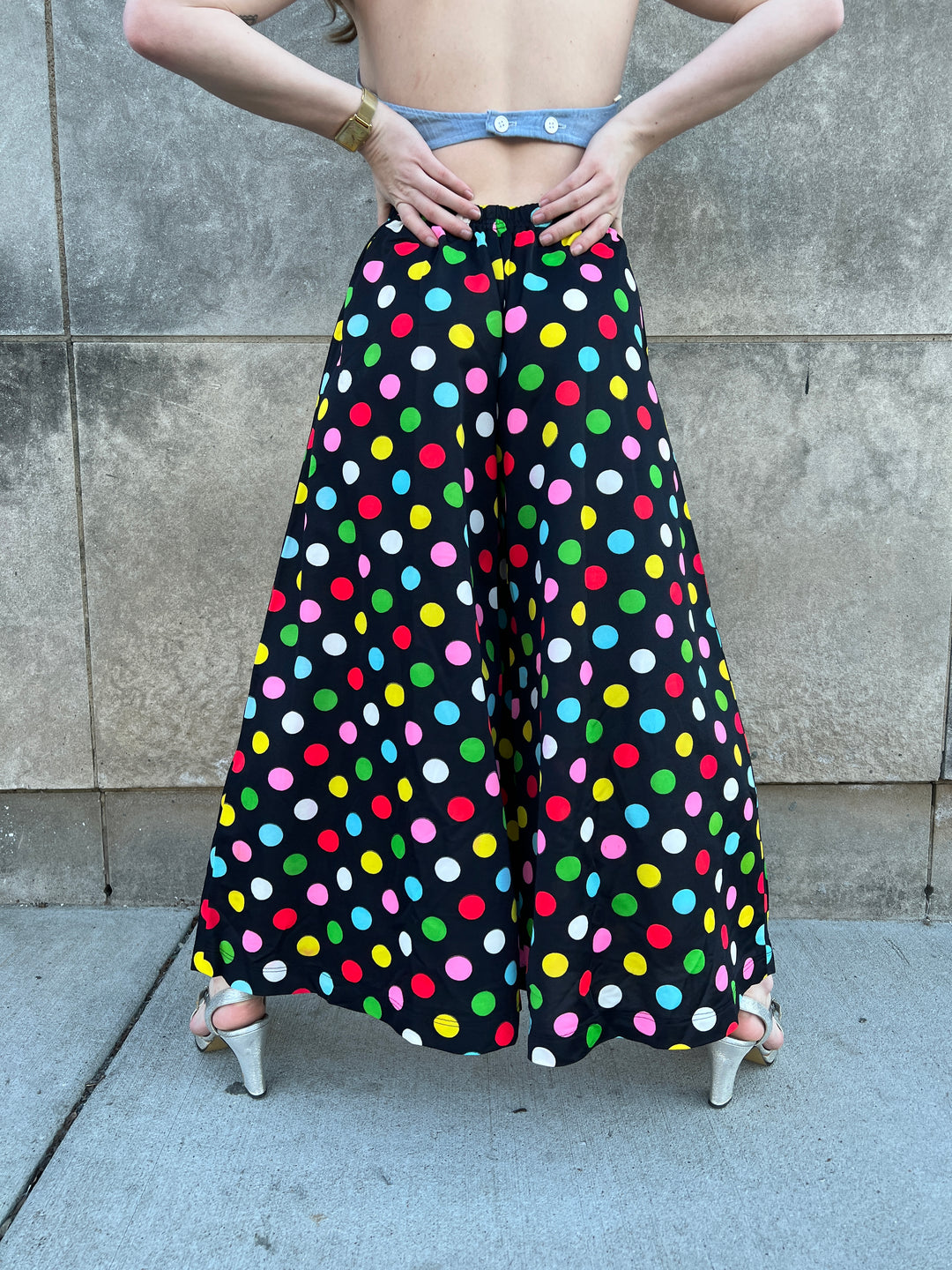 70s Black Nylon Wide Leg Pants With Polka Dots
