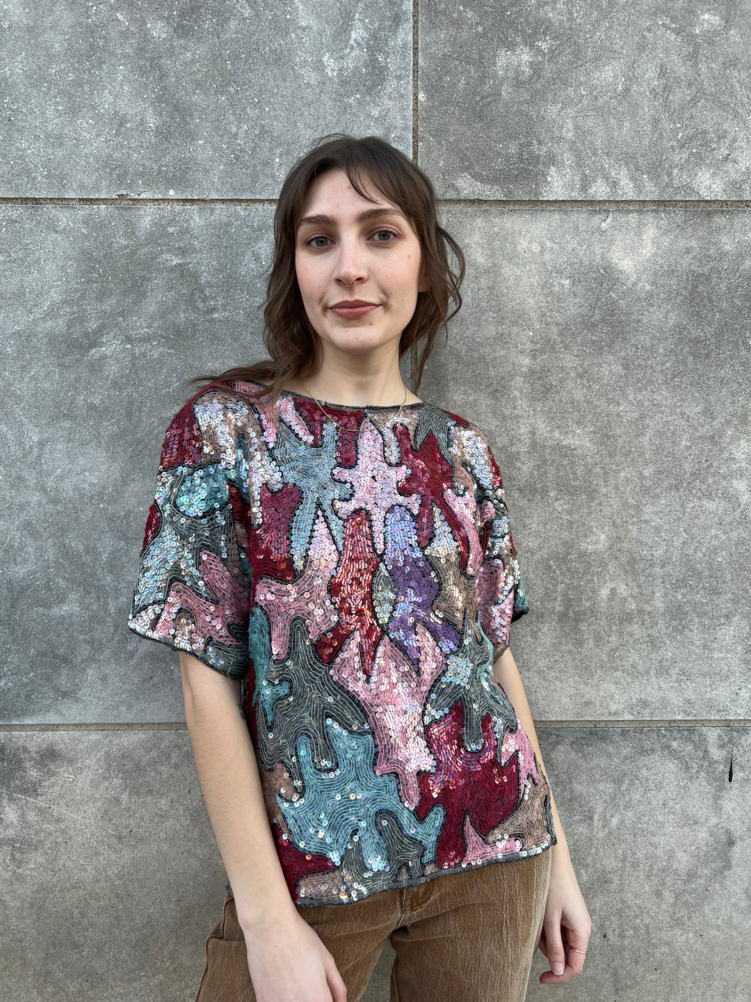 80s Pink Silver Red Sequined Fancy Top