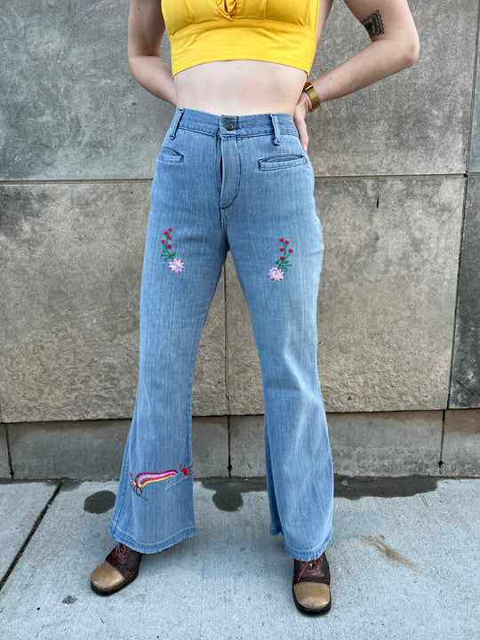 70s Faded Denim Jeans With Embroidery, Rooster Patch On Back