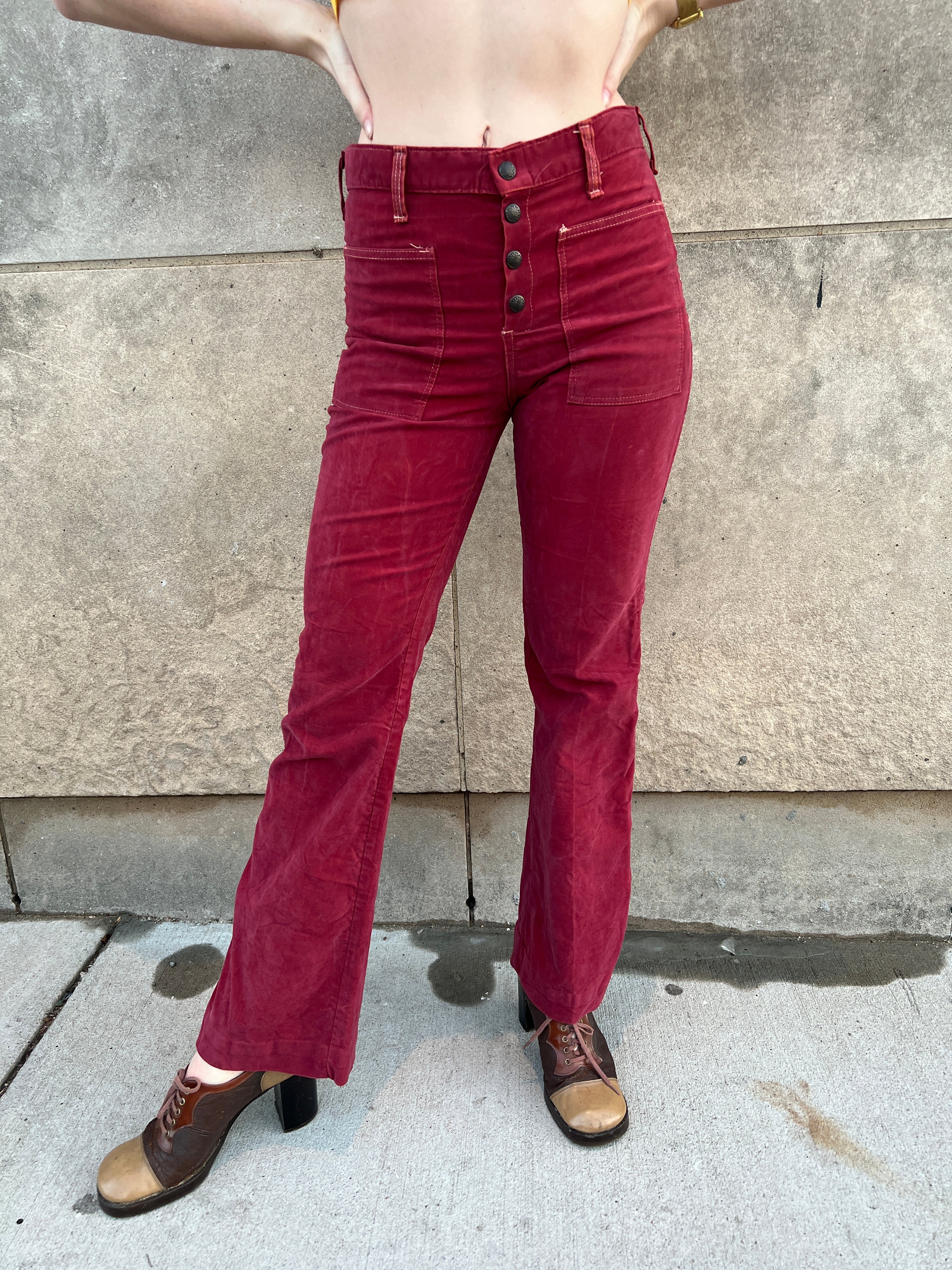 70s Rust Hip Hugger Bell Bottom Jeans, Rooster Patch on Back – The