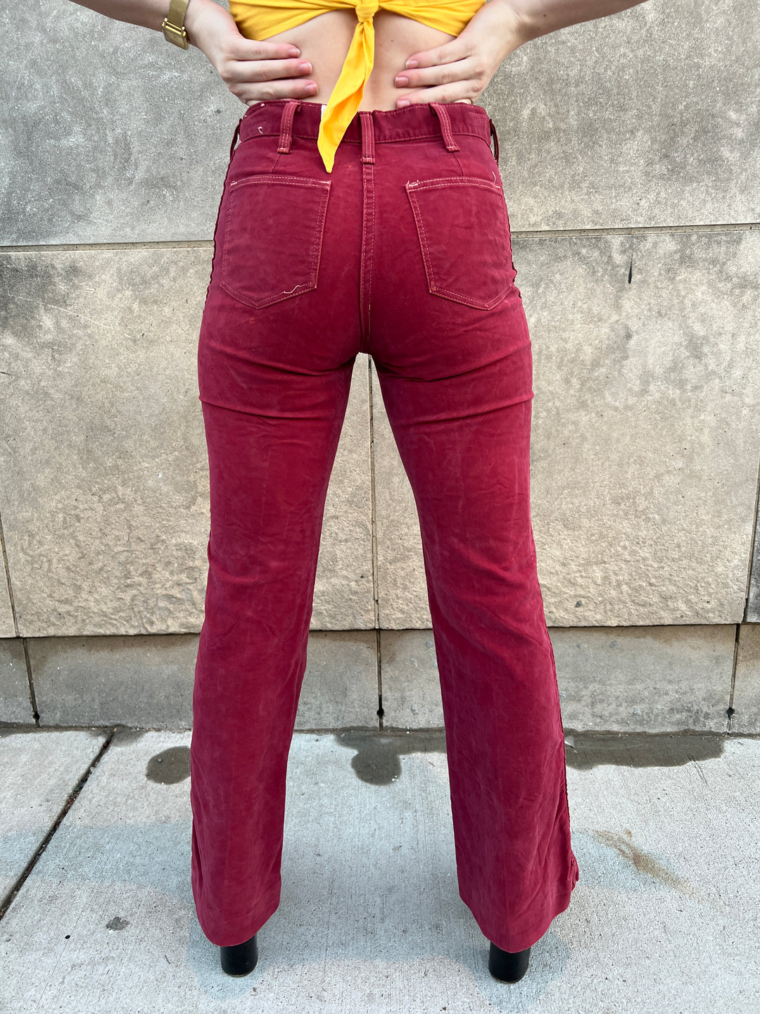 70s Rust Hip Hugger Bell Bottom Jeans, Rooster Patch on Back