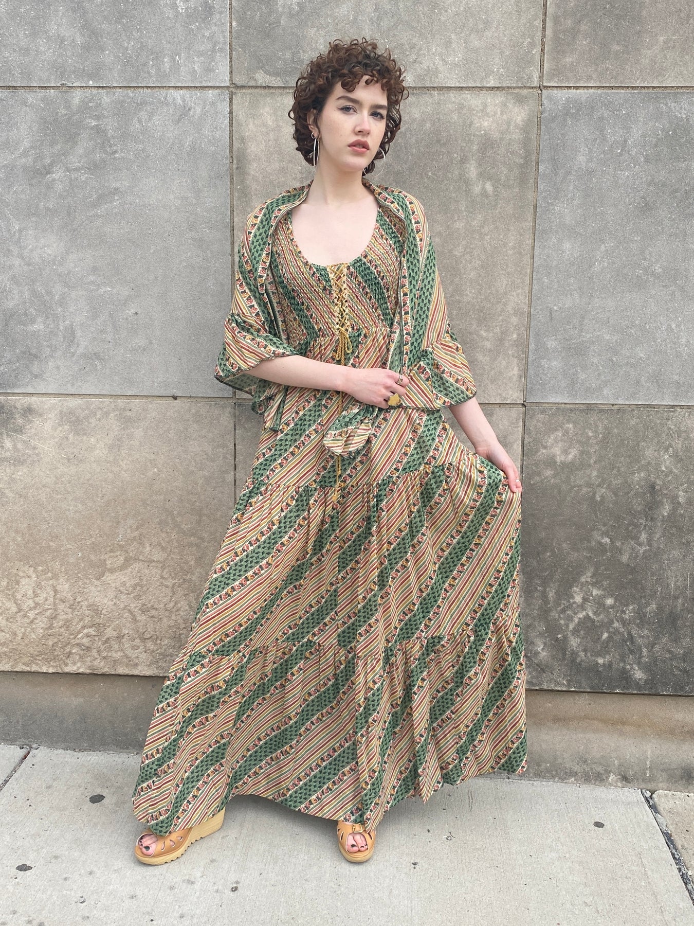 70s Green Tan Stripe Floral Cotton Maxi Dress with Shawl – The Hip Zipper  Nashville