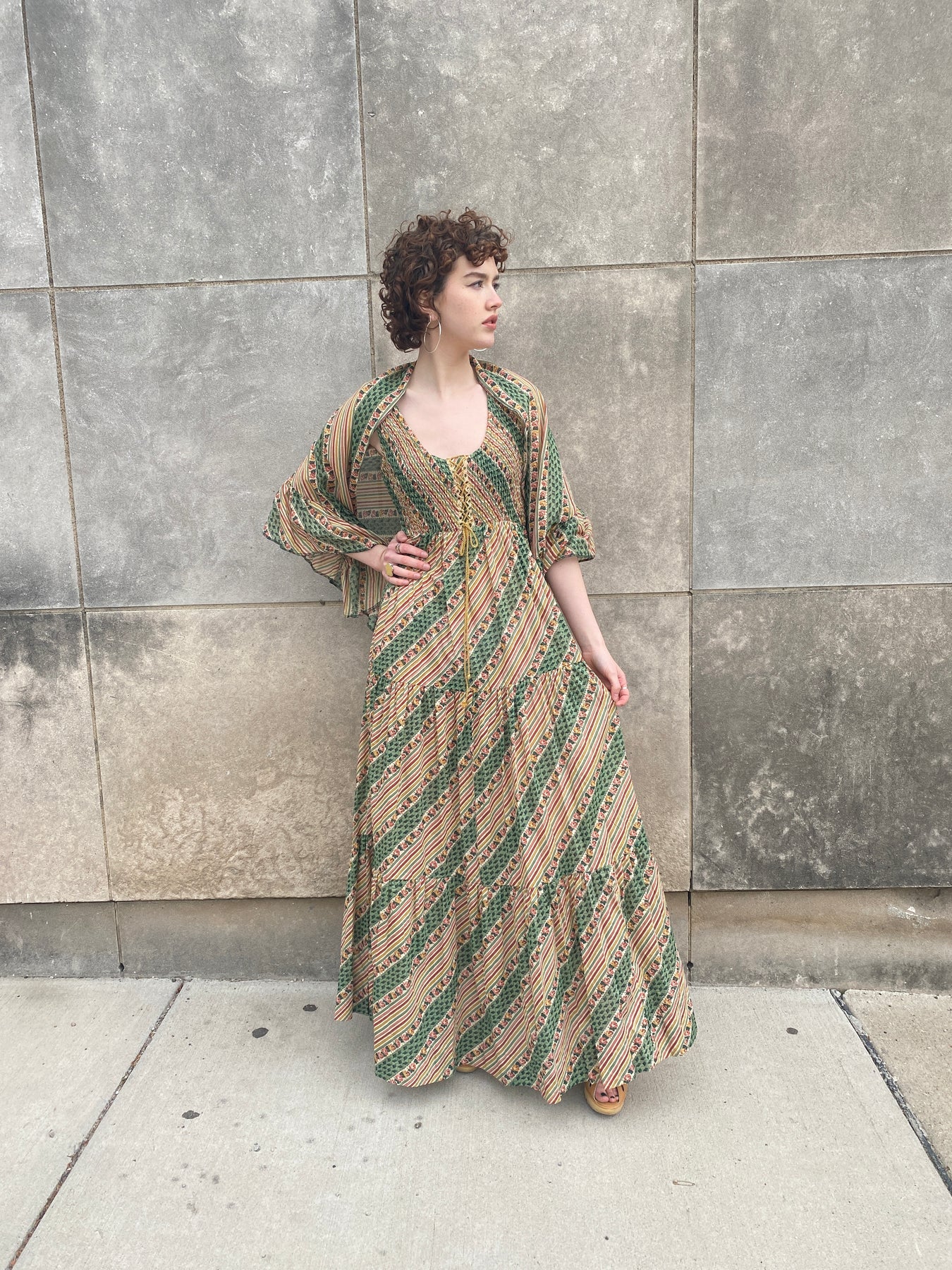 70s Green Tan Stripe Floral Cotton Maxi Dress with Shawl – The Hip Zipper  Nashville