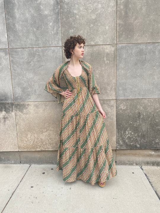 70s Green Tan Stripe Floral Cotton Maxi Dress with Shawl