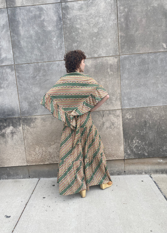 70s Green Tan Stripe Floral Cotton Maxi Dress with Shawl