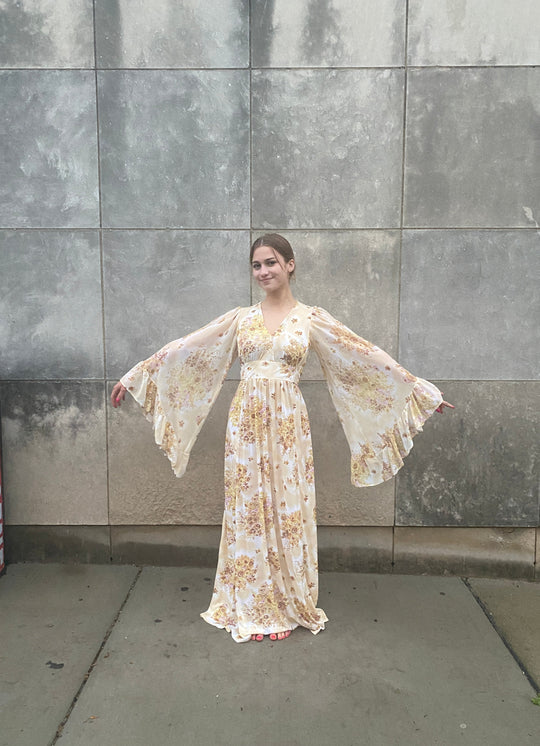 70s Ivory Tan Floral Nylon Maxi Dress, Angel Wing Sleeves
