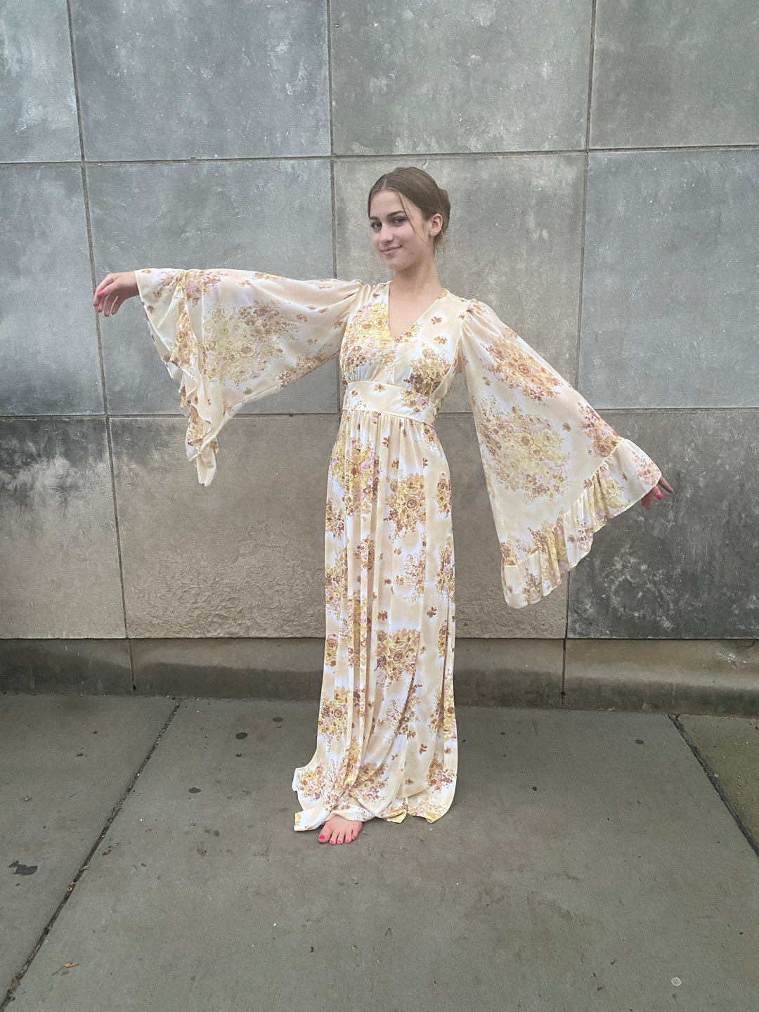 70s Ivory Tan Floral Nylon Maxi Dress, Angel Wing Sleeves