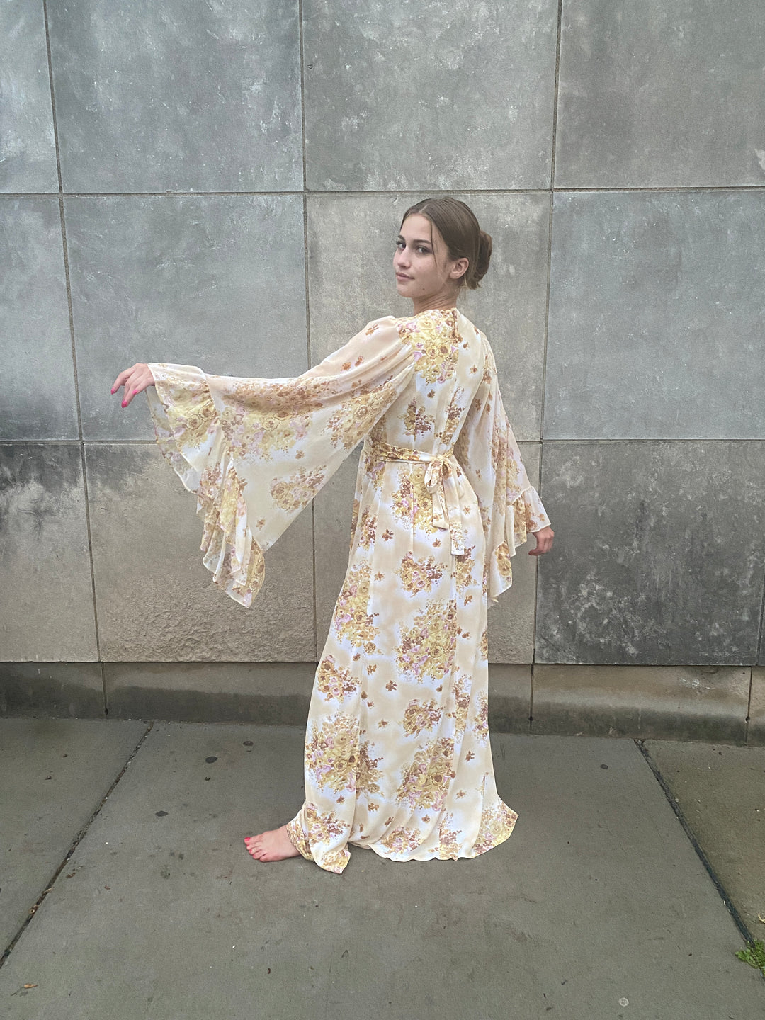 70s Ivory Tan Floral Nylon Maxi Dress, Angel Wing Sleeves