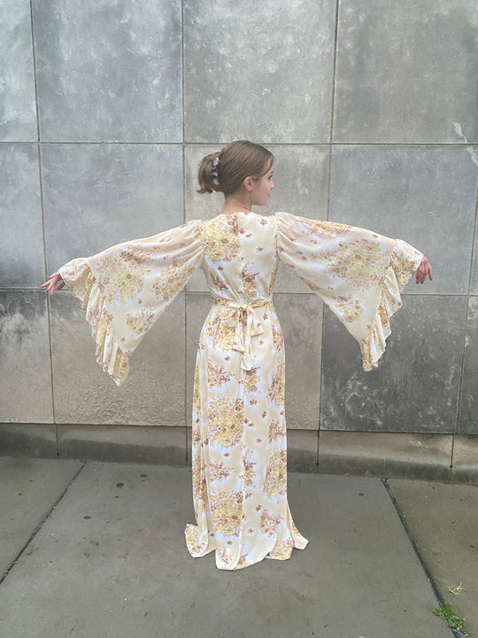 70s Ivory Tan Floral Nylon Maxi Dress, Angel Wing Sleeves