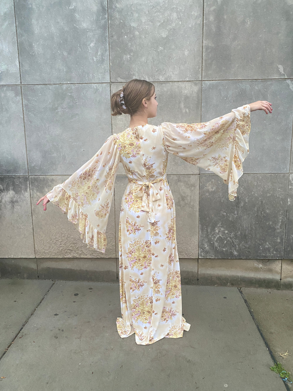 70s Ivory Tan Floral Nylon Maxi Dress, Angel Wing Sleeves