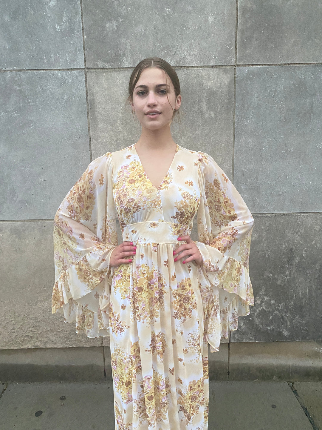 70s Ivory Tan Floral Nylon Maxi Dress, Angel Wing Sleeves