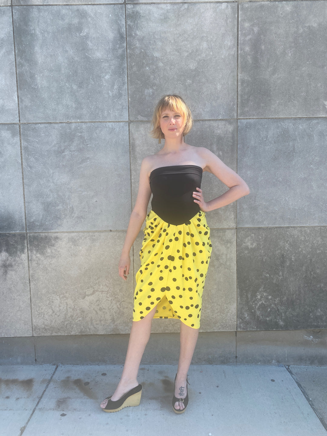80s Black Yellow Polka Dot Strapless Knit Dress, Fredricks