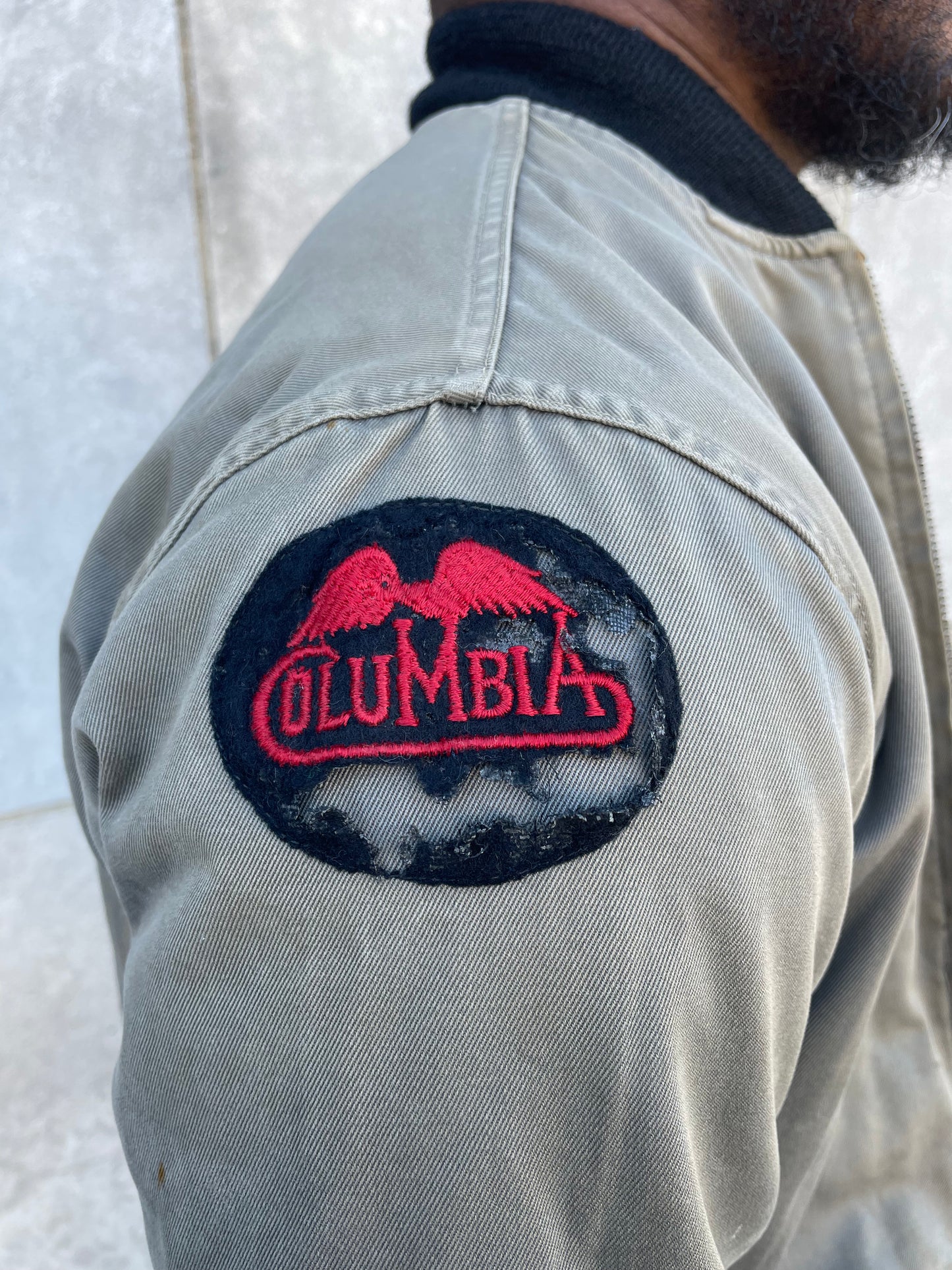 Close-up of the Columbia patch on the sleeve