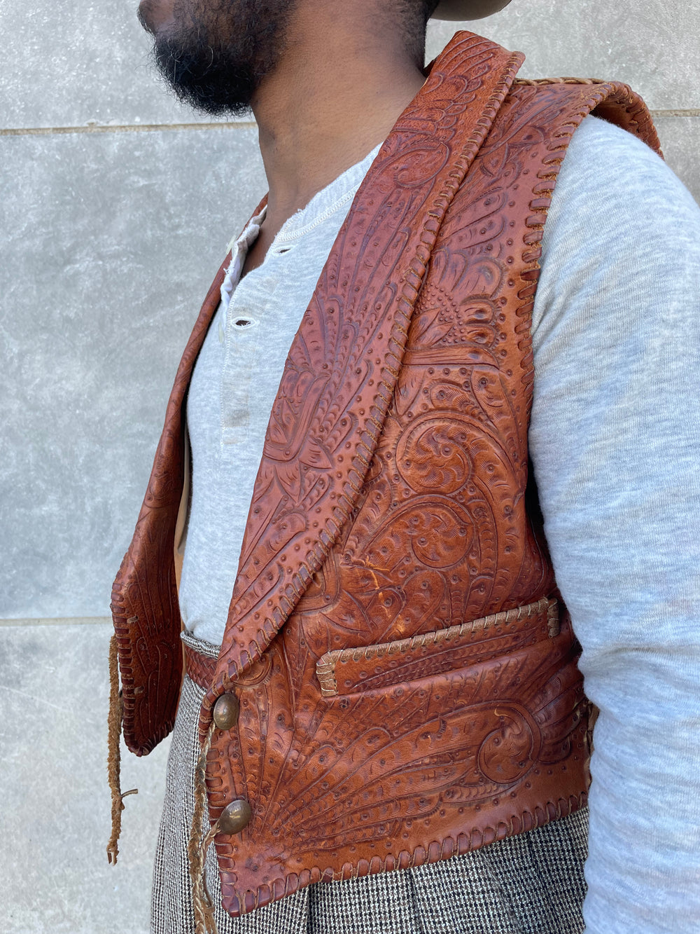 90s Brown Leather Tooled Vest, Alan Michael