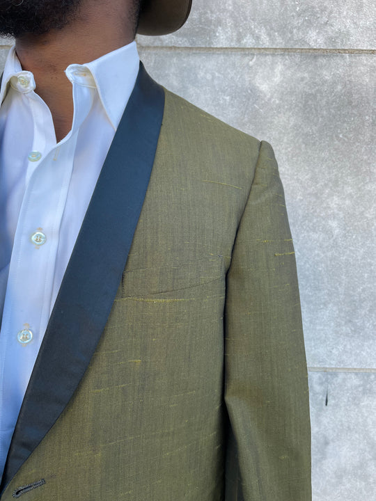50s Olive Green Silk Sharkskin Tuxedo Dinner Jacket, After Six