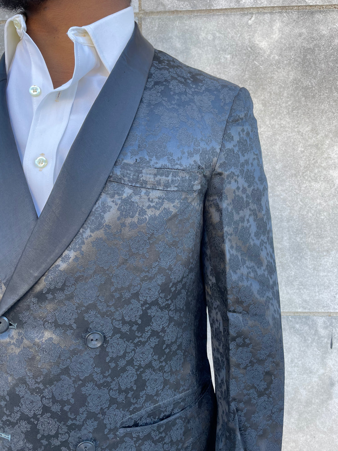 50s Black Floral Brocade Satin Tuxedo Dinner Jacket First Nighter